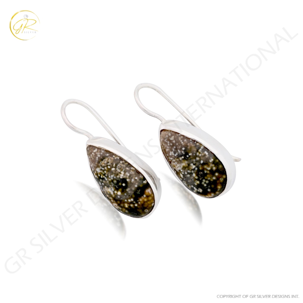 Natural Ocean Jasper Pear Shape Dangle Sterling Silver Women Earring