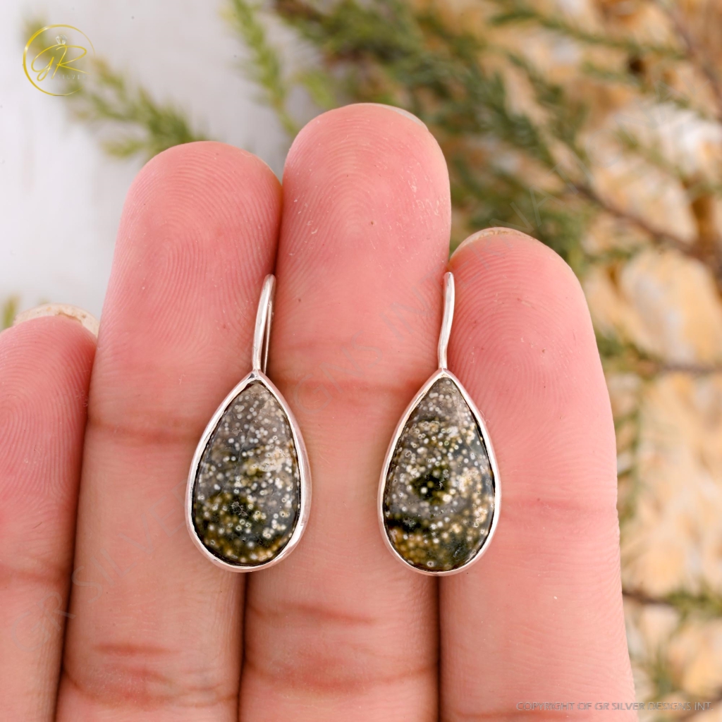 Natural Ocean Jasper Pear Shape Dangle Sterling Silver Women Earring