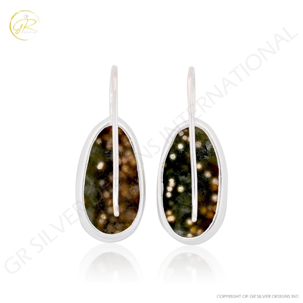 Natural Ocean Jasper Oval Shape Dangle Sterling Silver Women Earring