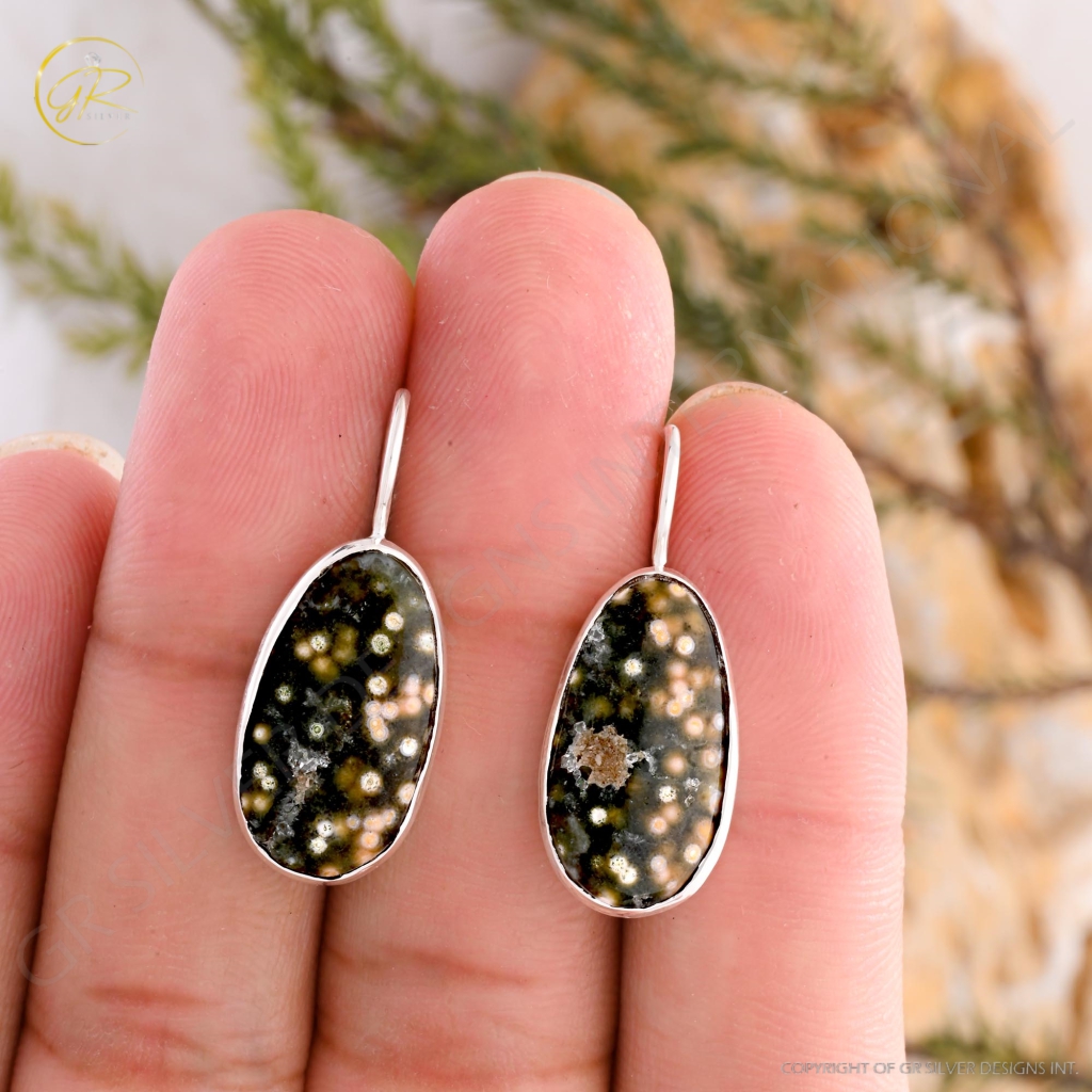 Natural Ocean Jasper Oval Shape Dangle Sterling Silver Women Earring