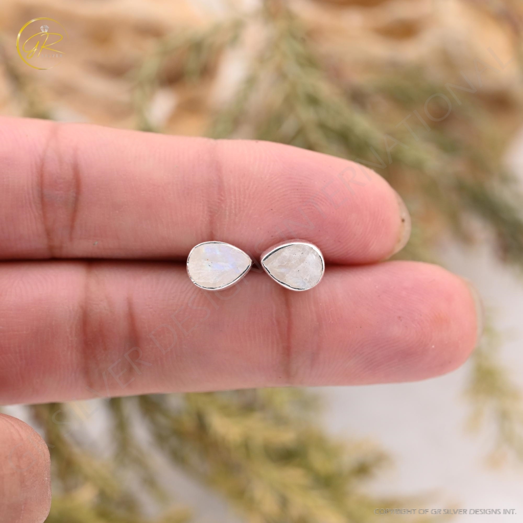 Natural Rainbow Moonstone Birthstone Sterling Silver Round Studs Earrings