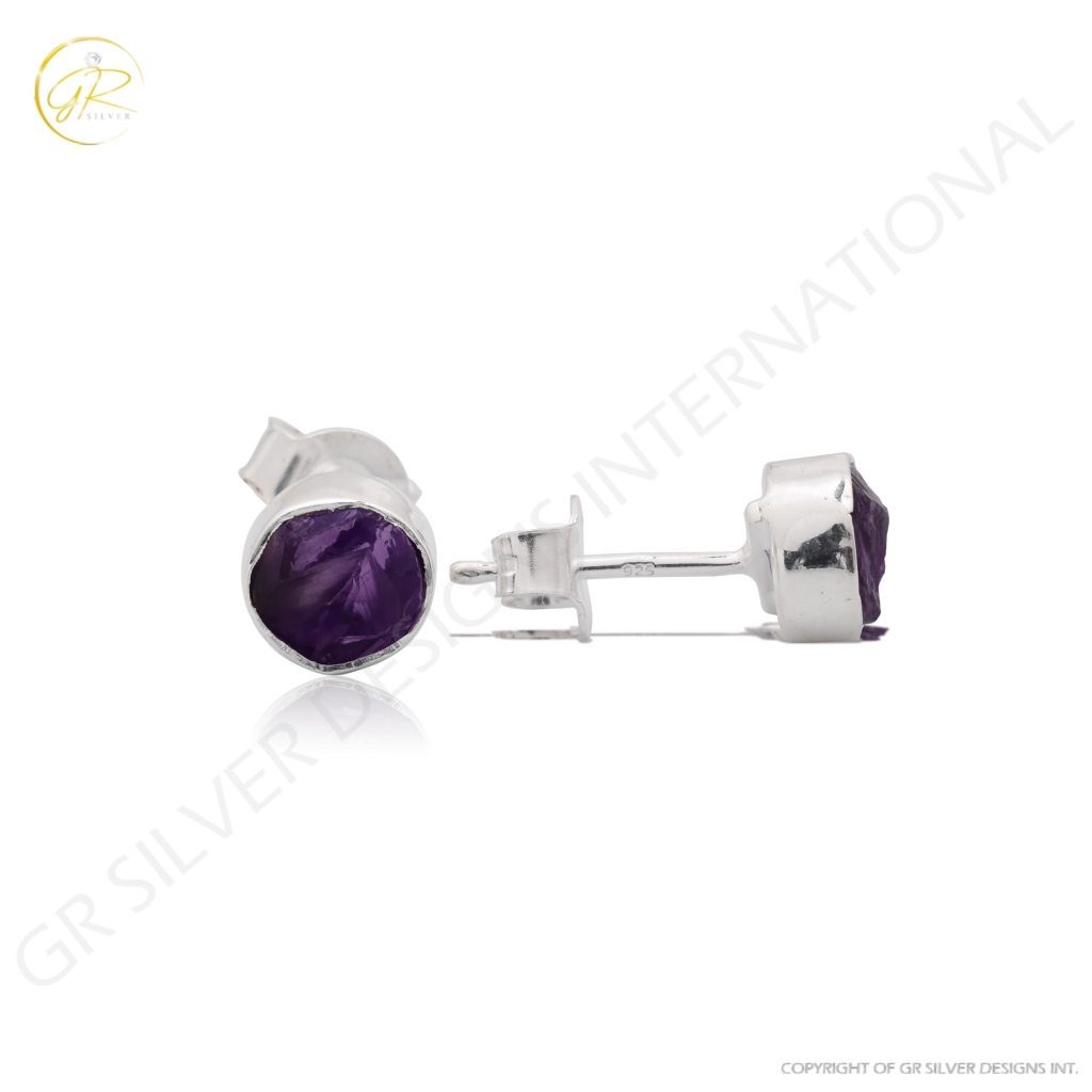 Natural Amethsyt Birthstone Sterling Silver Round Studs Earrings