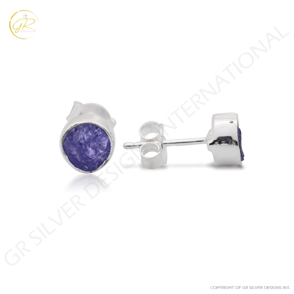 Natural Tanzanite Birthstone Sterling Silver Round Studs Earrings