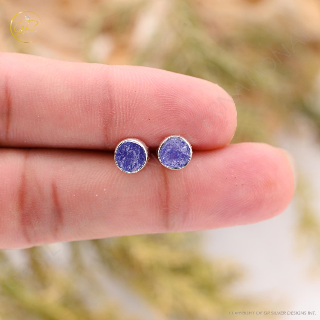 Natural Tanzanite Birthstone Sterling Silver Round Studs Earrings