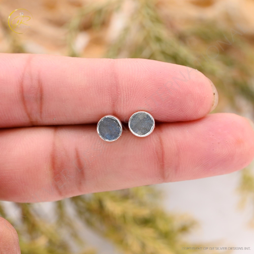 Natural Labradorite Birthstone Sterling Silver Round Studs Earrings