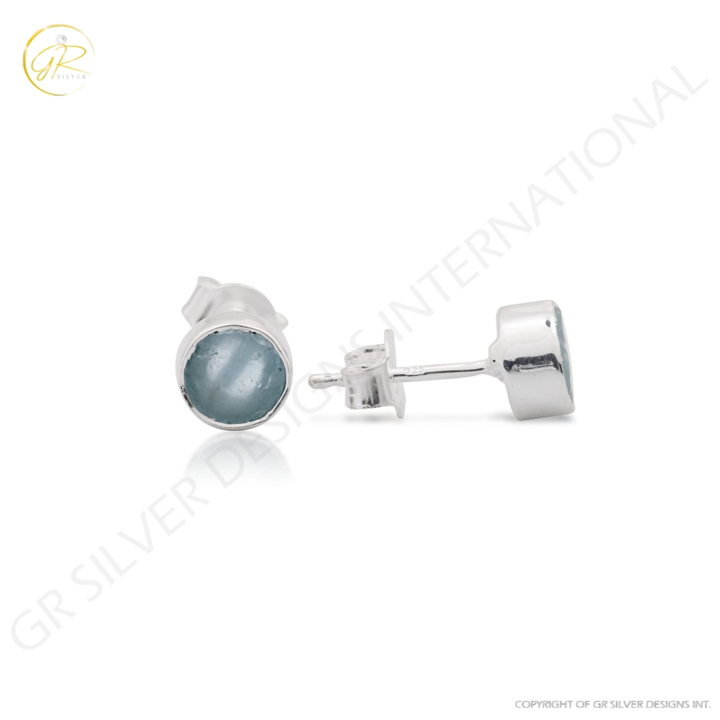 Natural Aquamarine Birthstone Sterling Silver Round Studs Earrings