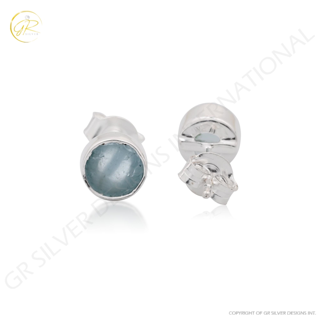 Natural Aquamarine Birthstone Sterling Silver Round Studs Earrings