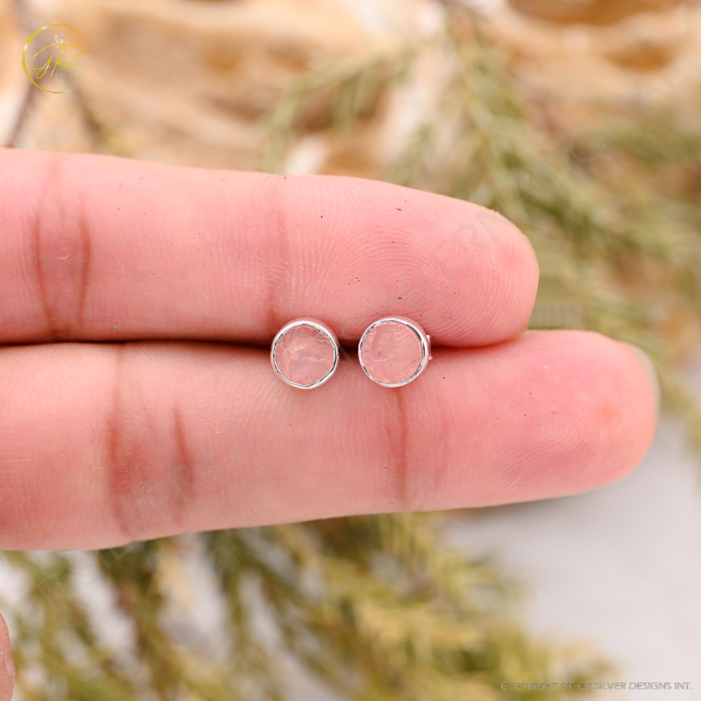 Natural Rose Quartz  Birthstone Sterling Silver Round Studs Earrings