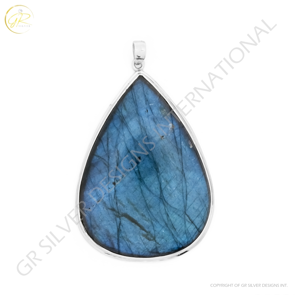 Long Natural Labradorite Pear Sterling Silver Pendant Jewellery