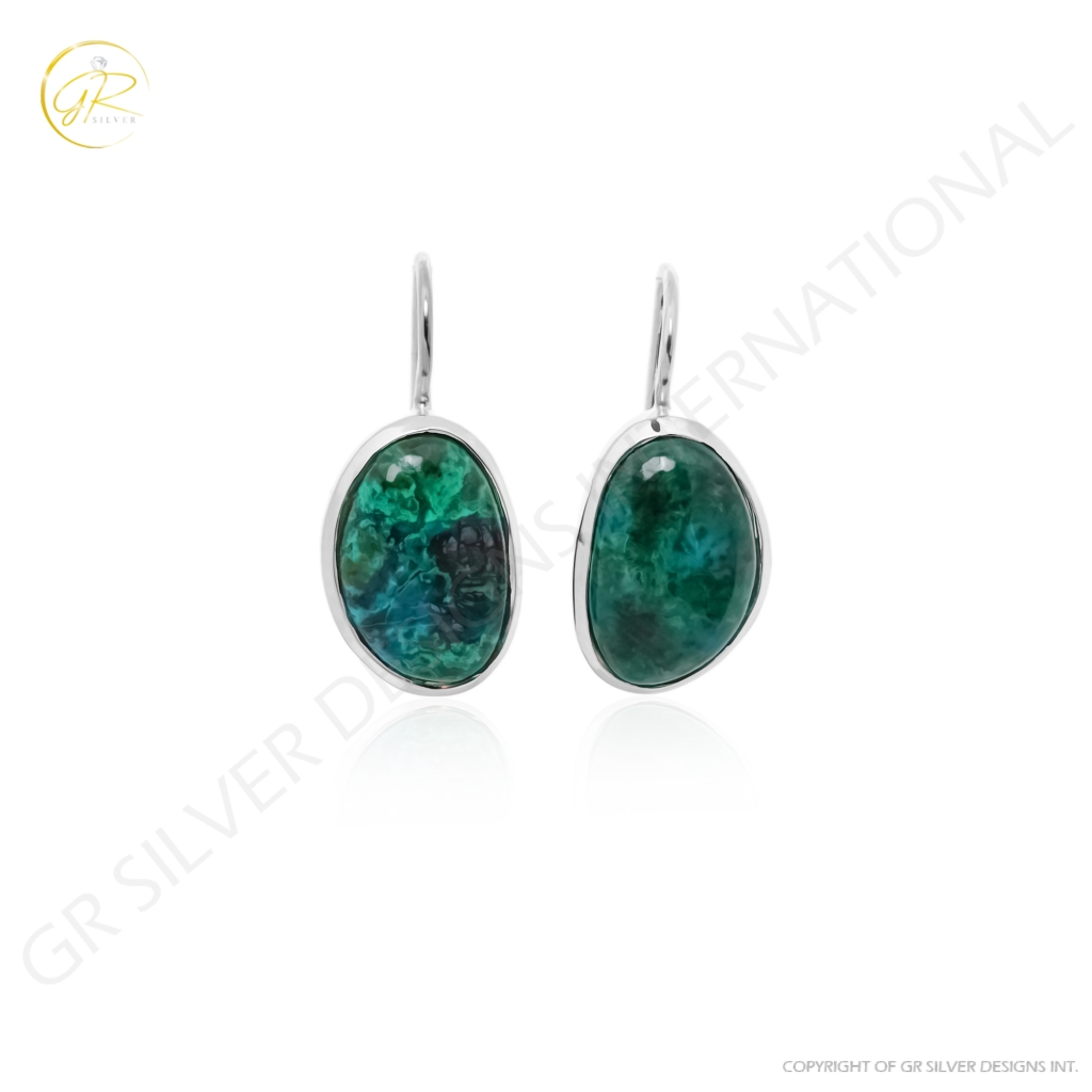 Natural Chrysocolla Gemstone Dangle Sterling Silver Women Earrings