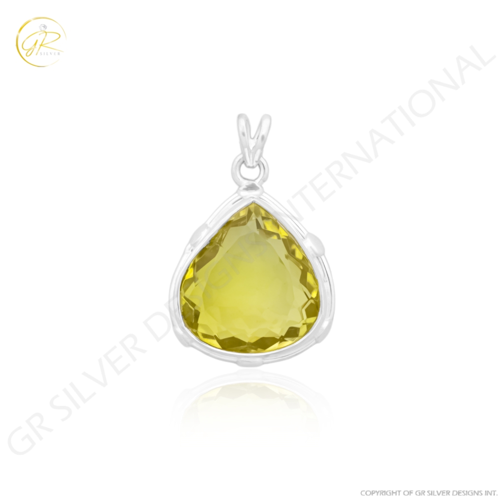 Natural Lemon Quartz February Birthstone Sterling Silver Pendant