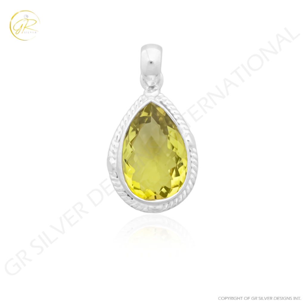 Natural Lemon Quartz February Birthstone Sterling Silver Pendant